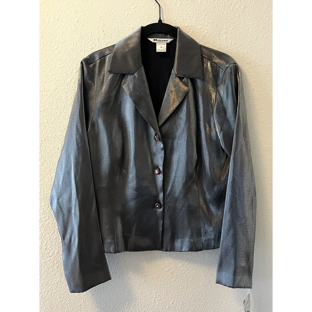 NWT Vintage 90's Womens Top Button Up 6P Metallic Silver Shiny Nygard Collection